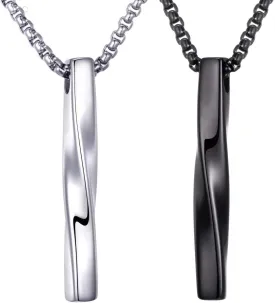 Stainless Steel Pendant Necklace for Men and Women, Unisex Twisted Cube Bar Pendant with Link Chain (Couple Set-24" Chain)