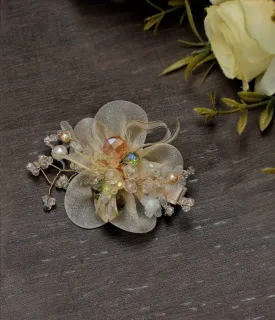 Sunset Blossom: Vintage-Inspired Gold Sheer Organza White Flower Hair Clip with Pearl and Crystal Embellishments