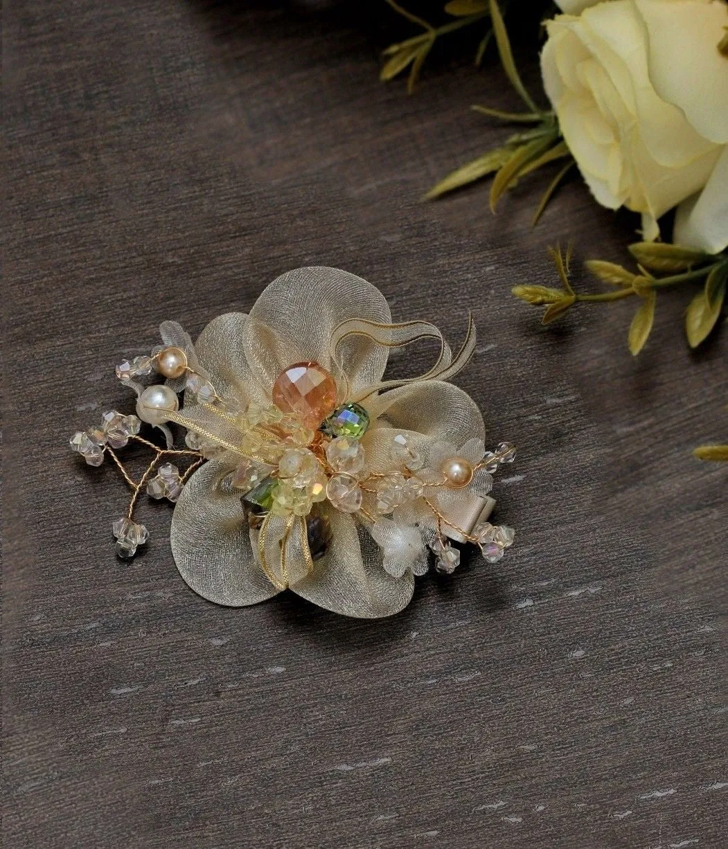 Sunset Blossom: Vintage-Inspired Gold Sheer Organza White Flower Hair Clip with Pearl and Crystal Embellishments