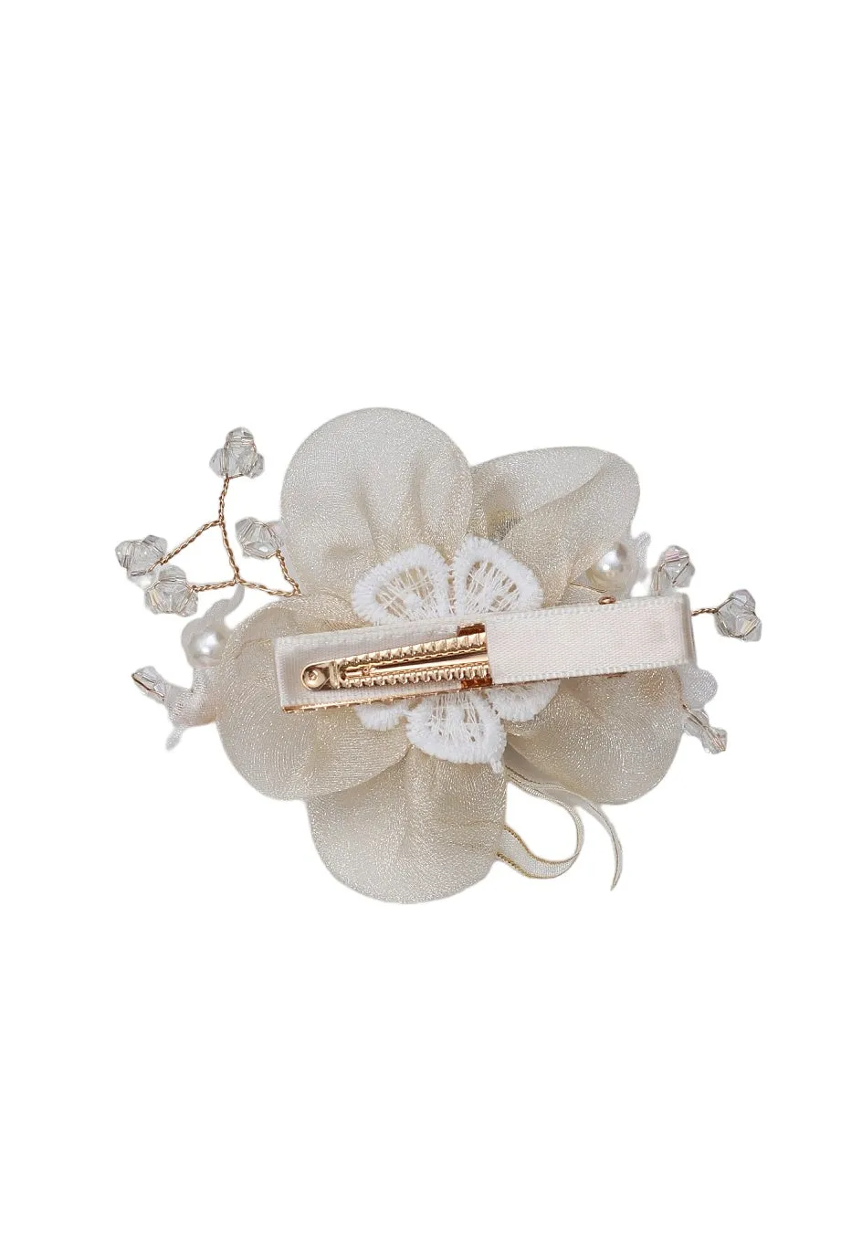 Sunset Blossom: Vintage-Inspired Gold Sheer Organza White Flower Hair Clip with Pearl and Crystal Embellishments