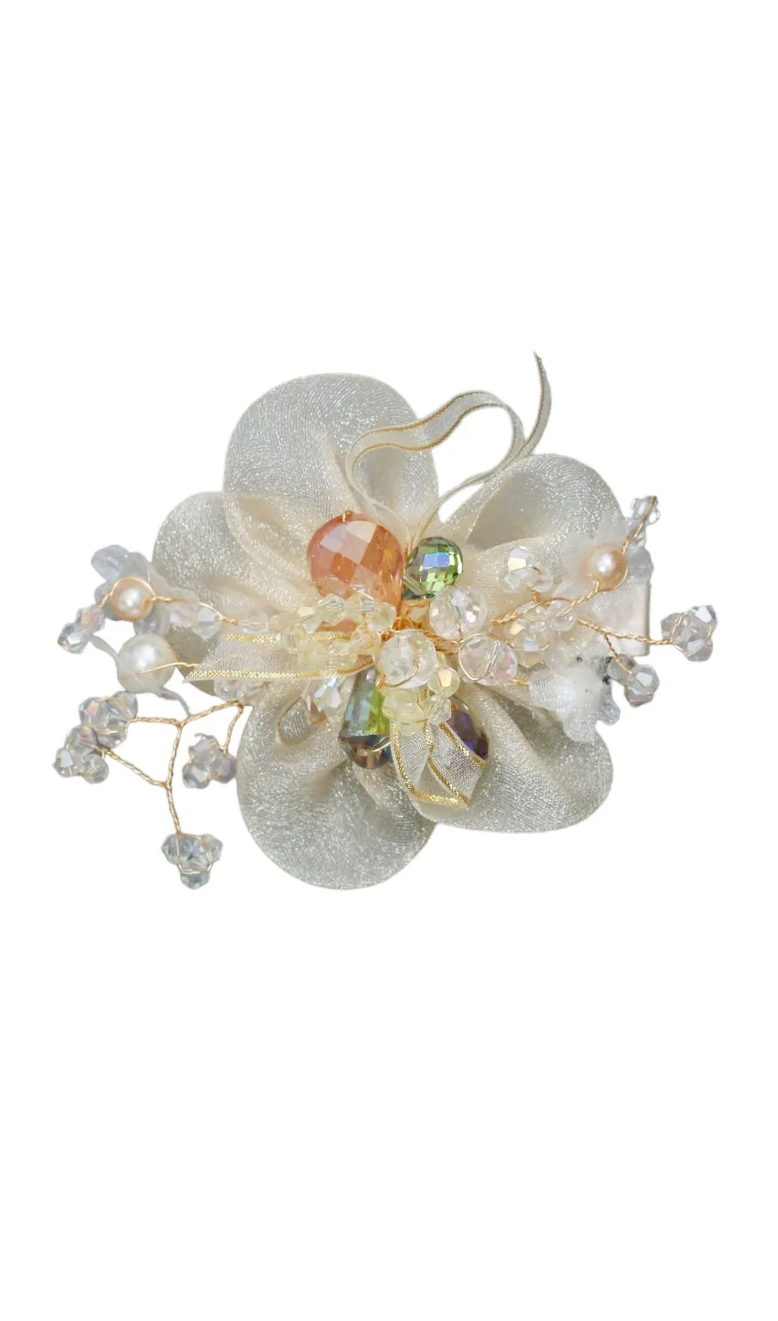 Sunset Blossom: Vintage-Inspired Gold Sheer Organza White Flower Hair Clip with Pearl and Crystal Embellishments