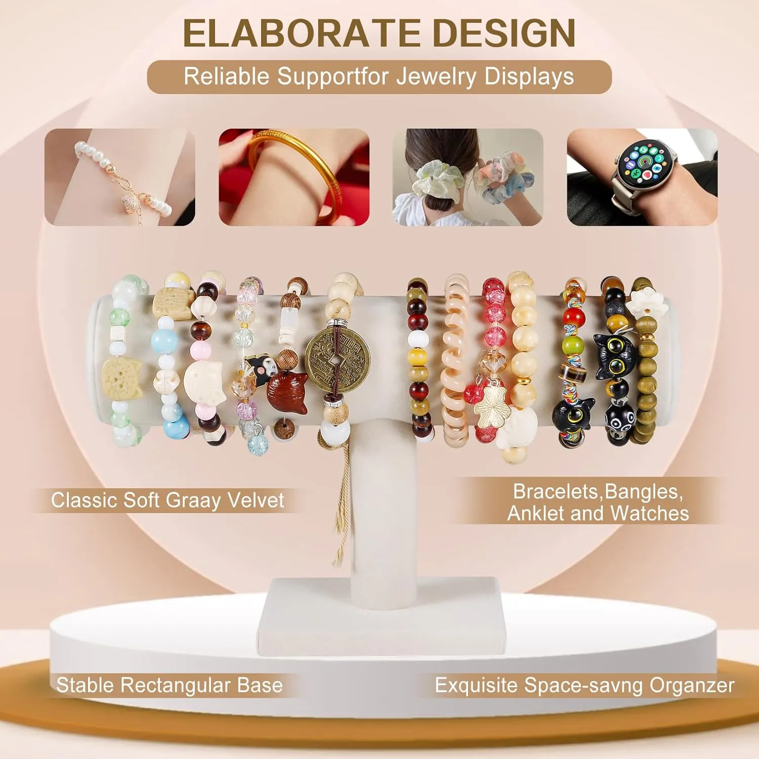 T-Bar Bracelet Display Stand for Selling, Jewelry Storage, Bracelet Holder Stand, Earring, Bangle, Jewelry Business Supplies, Watch holder for Women & Men, Black Velvet (Beige Velvet)