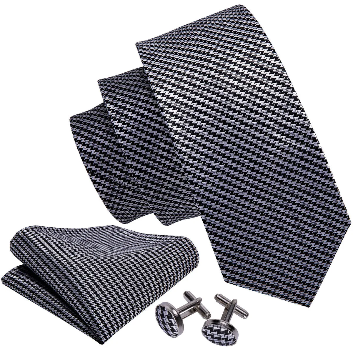 Timeless Houndstooth Silk Tie Set with Pocket Square and Cufflinks