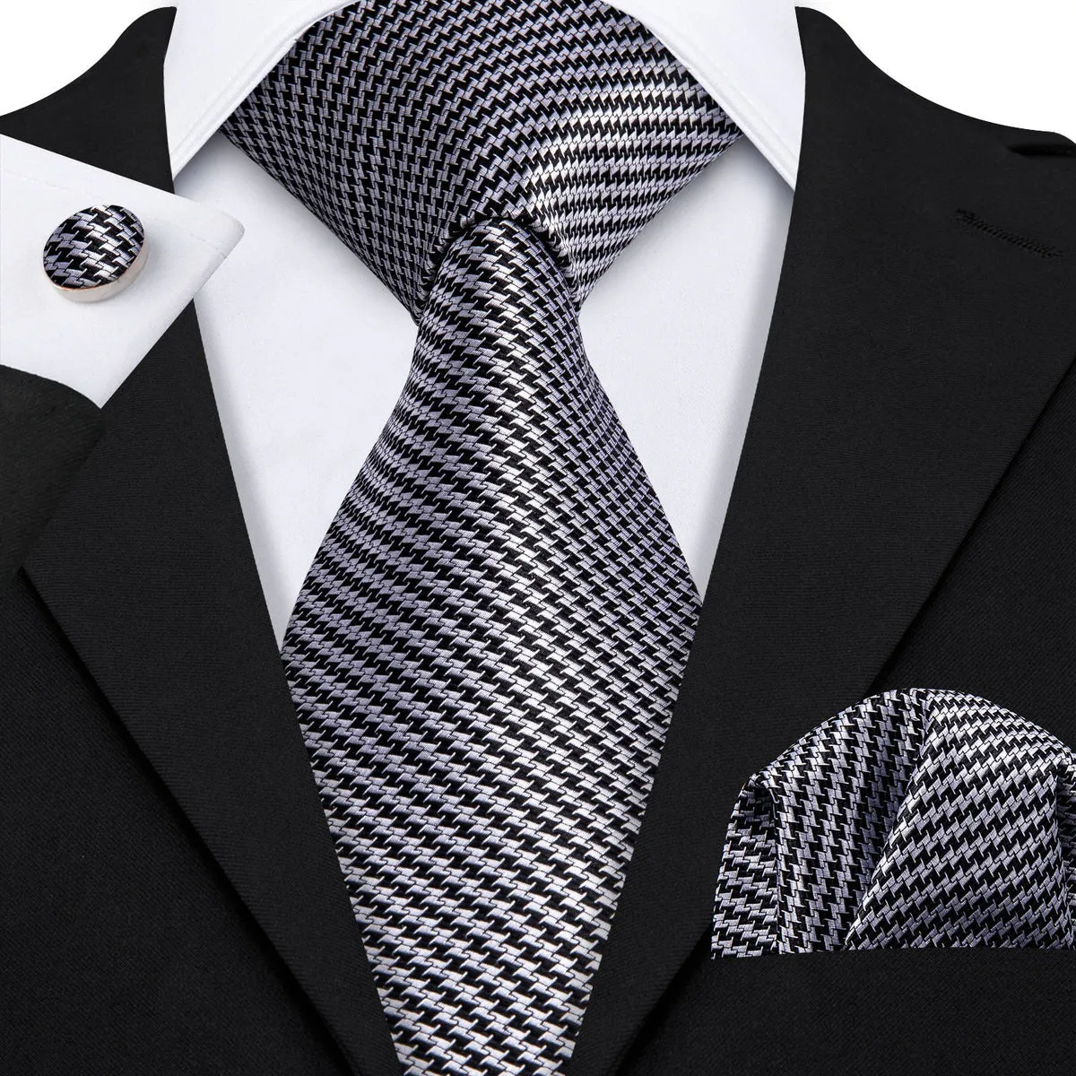 Timeless Houndstooth Silk Tie Set with Pocket Square and Cufflinks
