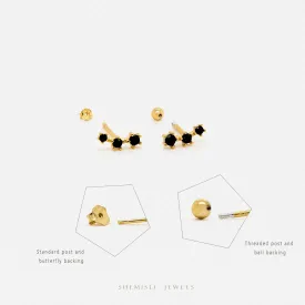 Tiny Triple Black Stones Climber Stud Earrings, Unisex, Gold, Silver SHEMISLI SS250 Butterfly End, SS492 Screw Ball End (Type A) LR