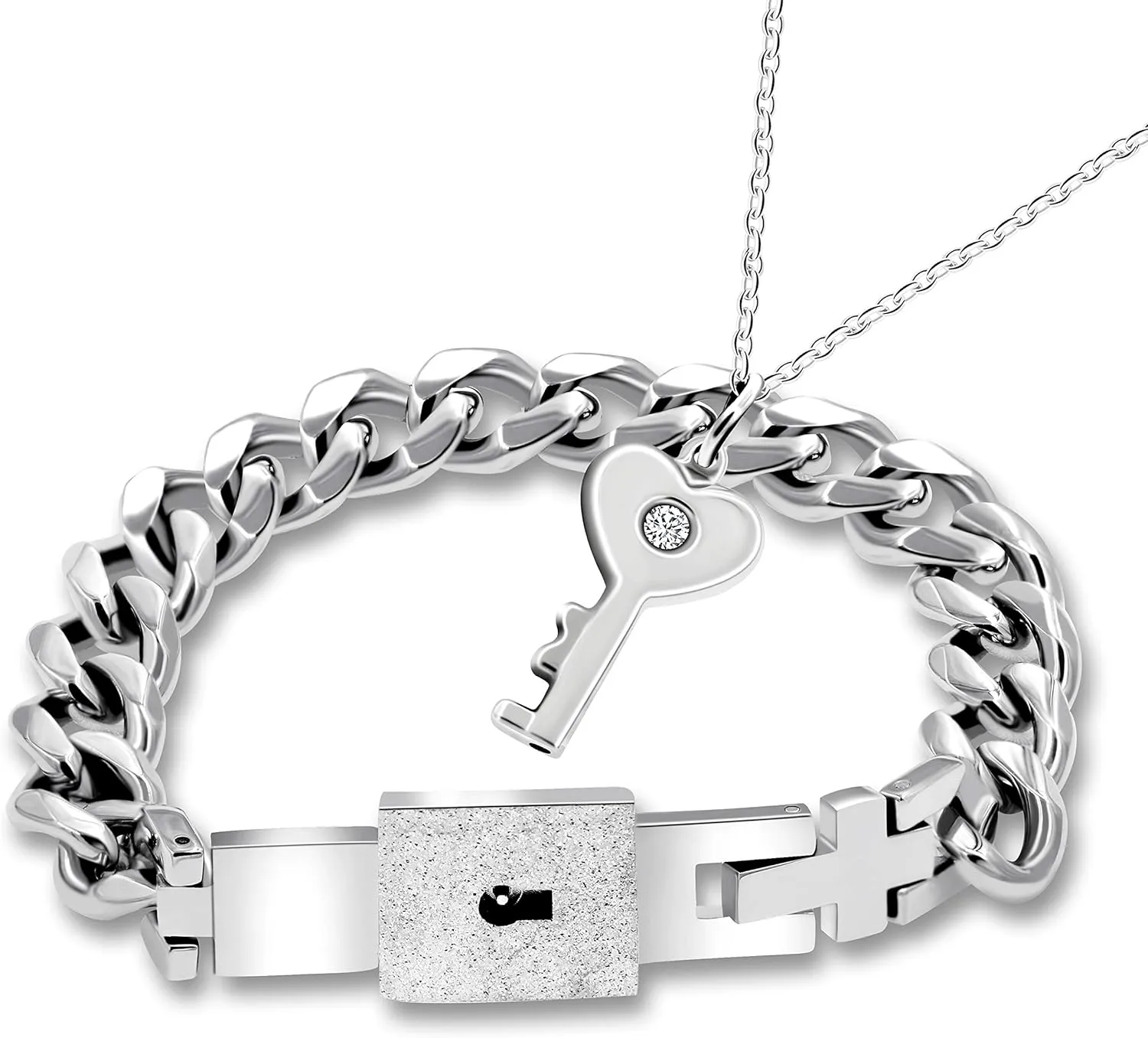 Uloveido Titanium Steel Key Pendant Necklace and Square Lock Bangle Bracelet Set for Couples Valetines Gifts