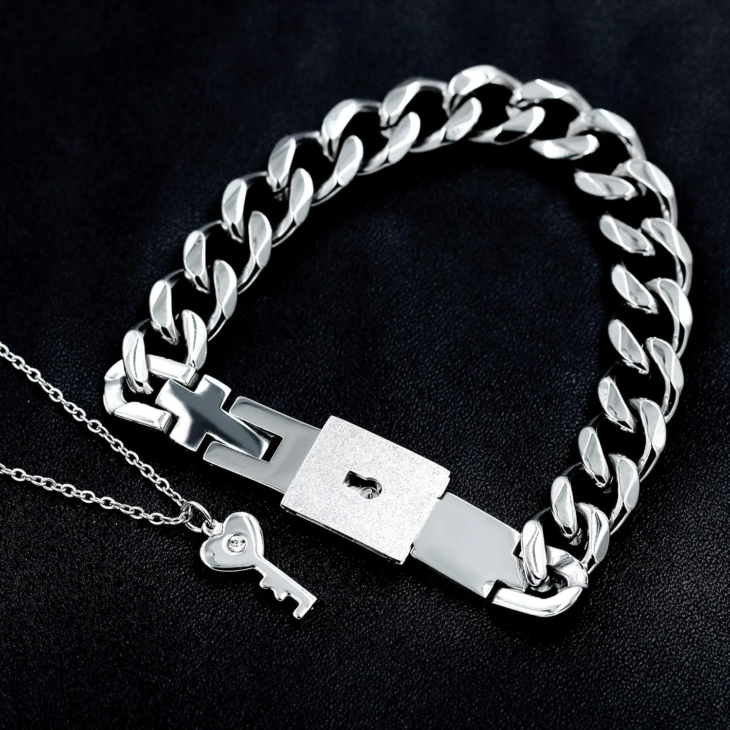 Uloveido Titanium Steel Key Pendant Necklace and Square Lock Bangle Bracelet Set for Couples Valetines Gifts