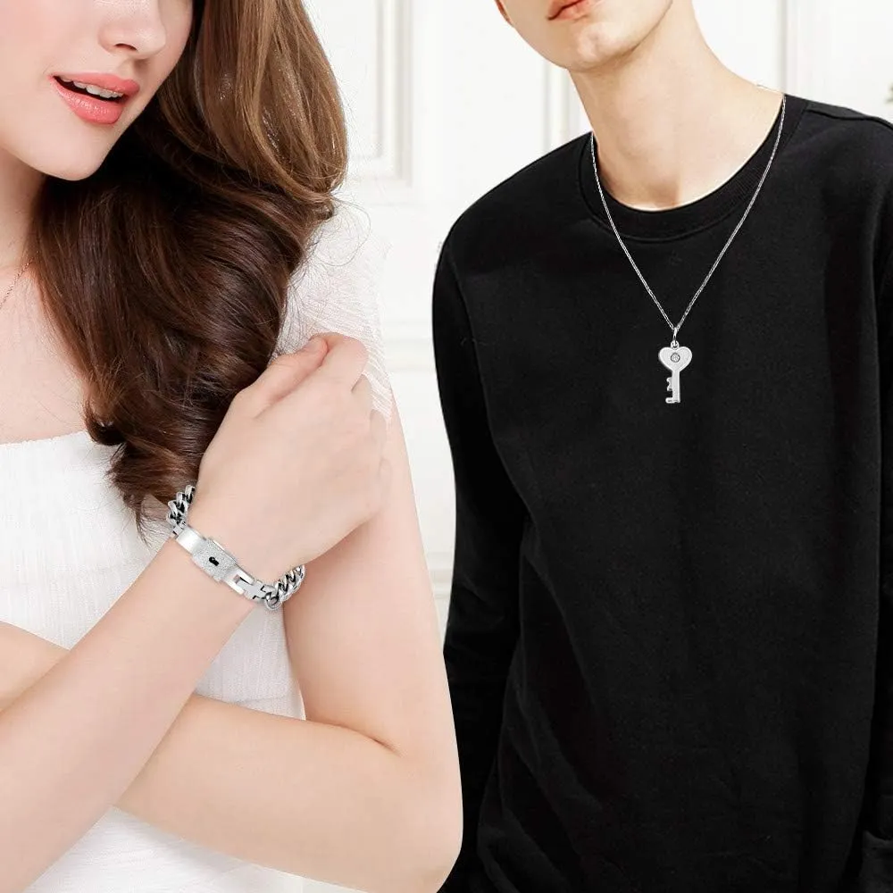 Uloveido Titanium Steel Key Pendant Necklace and Square Lock Bangle Bracelet Set for Couples Valetines Gifts