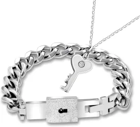 Uloveido Titanium Steel Key Pendant Necklace and Square Lock Bangle Bracelet Set for Couples Valetines Gifts