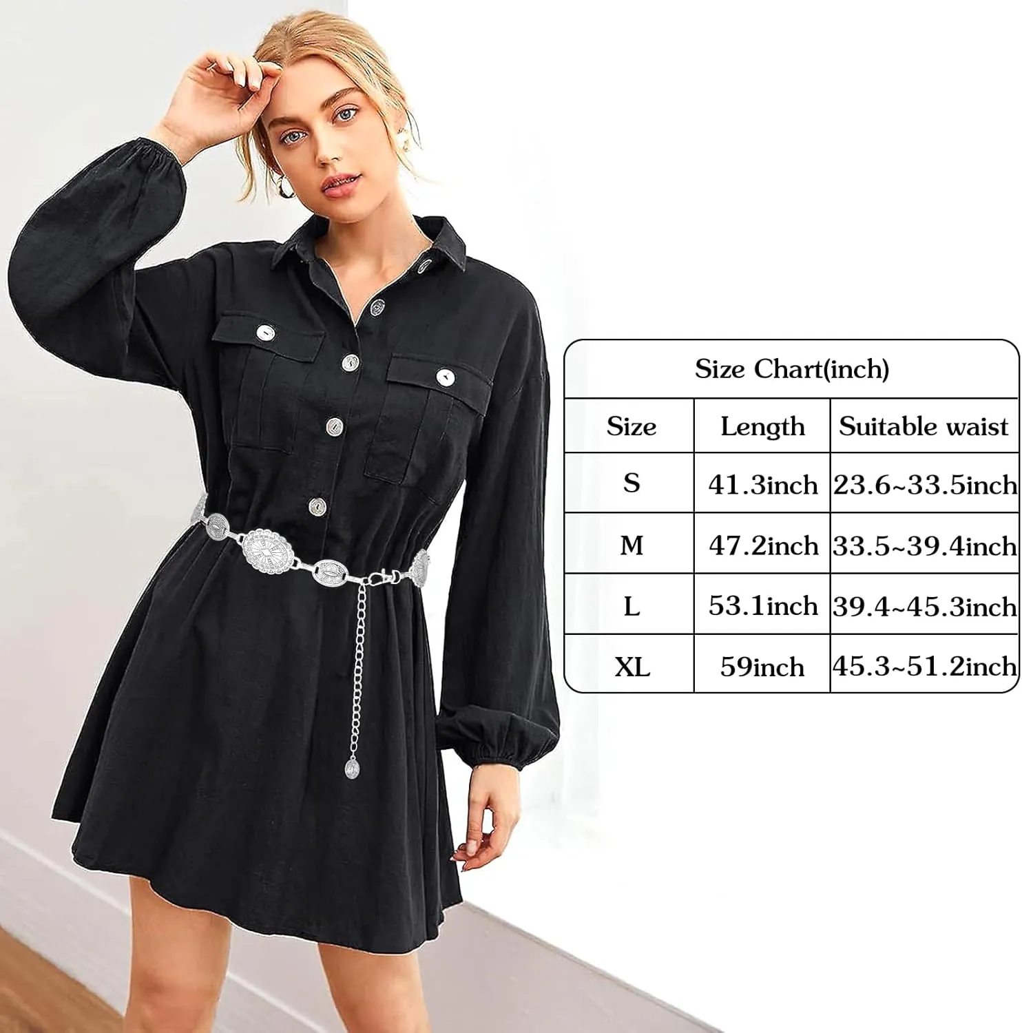 Women's Concho Chain Belt Western Cowgirl Metal Waist Chain Belt for Dress