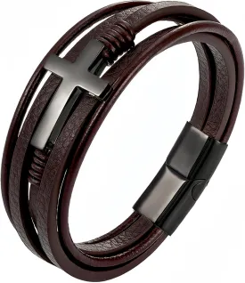 YL Mens Cross Leather Bracelet Stainless Steel Black/Brown Bracelet Multi-Layer Bangle Wrap Jewelry