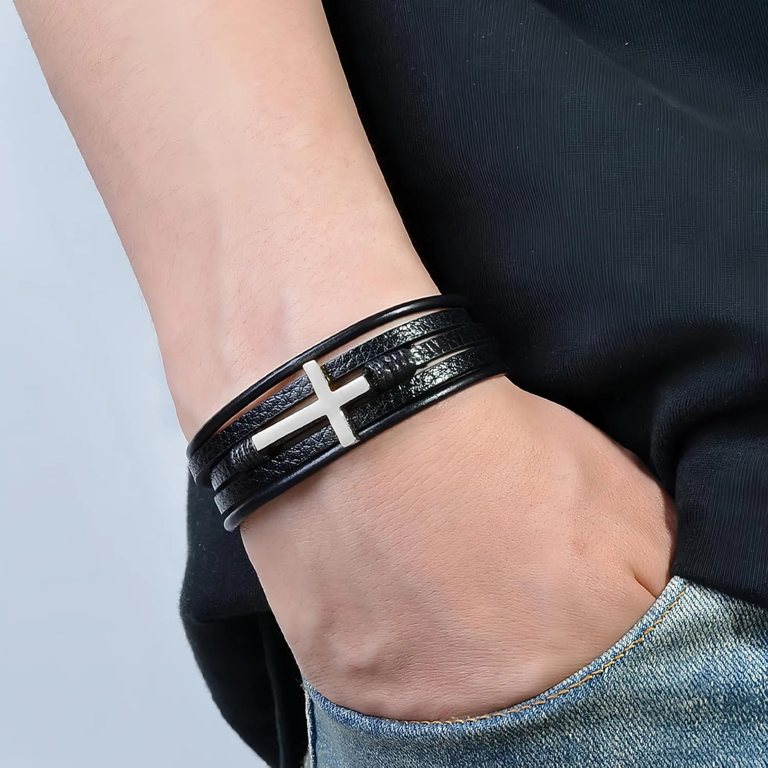 YL Mens Cross Leather Bracelet Stainless Steel Black/Brown Bracelet Multi-Layer Bangle Wrap Jewelry