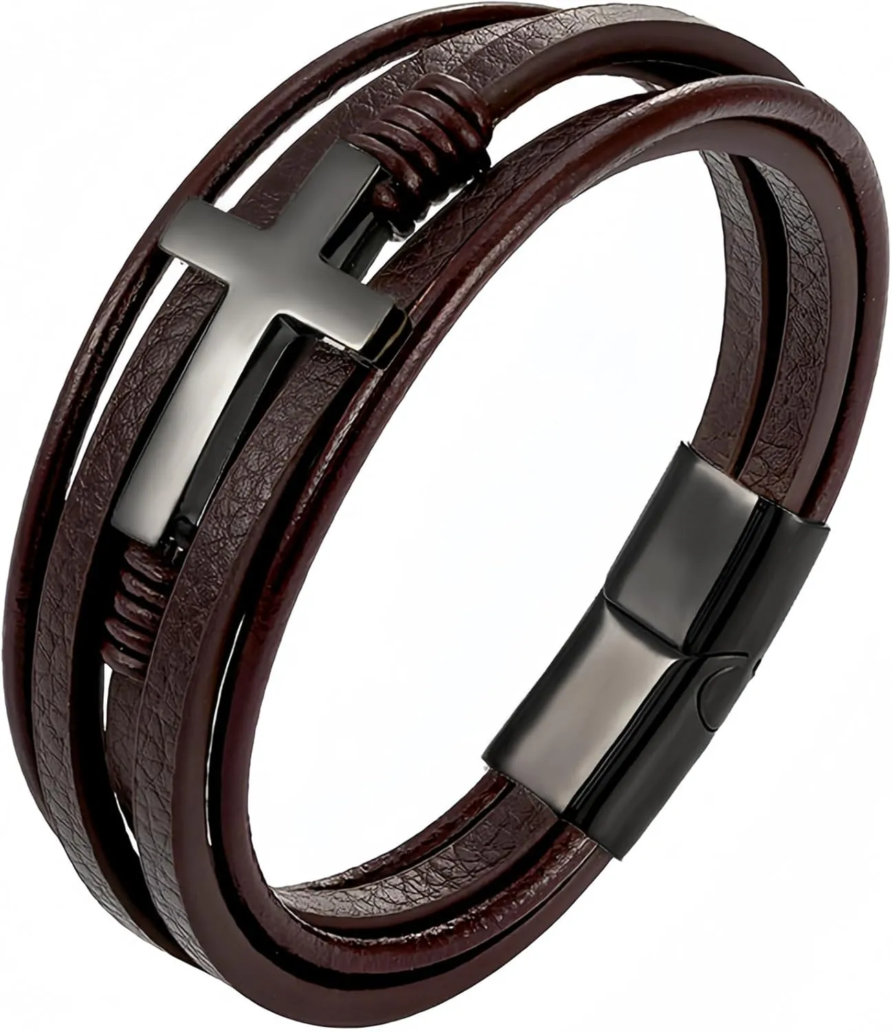 YL Mens Cross Leather Bracelet Stainless Steel Black/Brown Bracelet Multi-Layer Bangle Wrap Jewelry