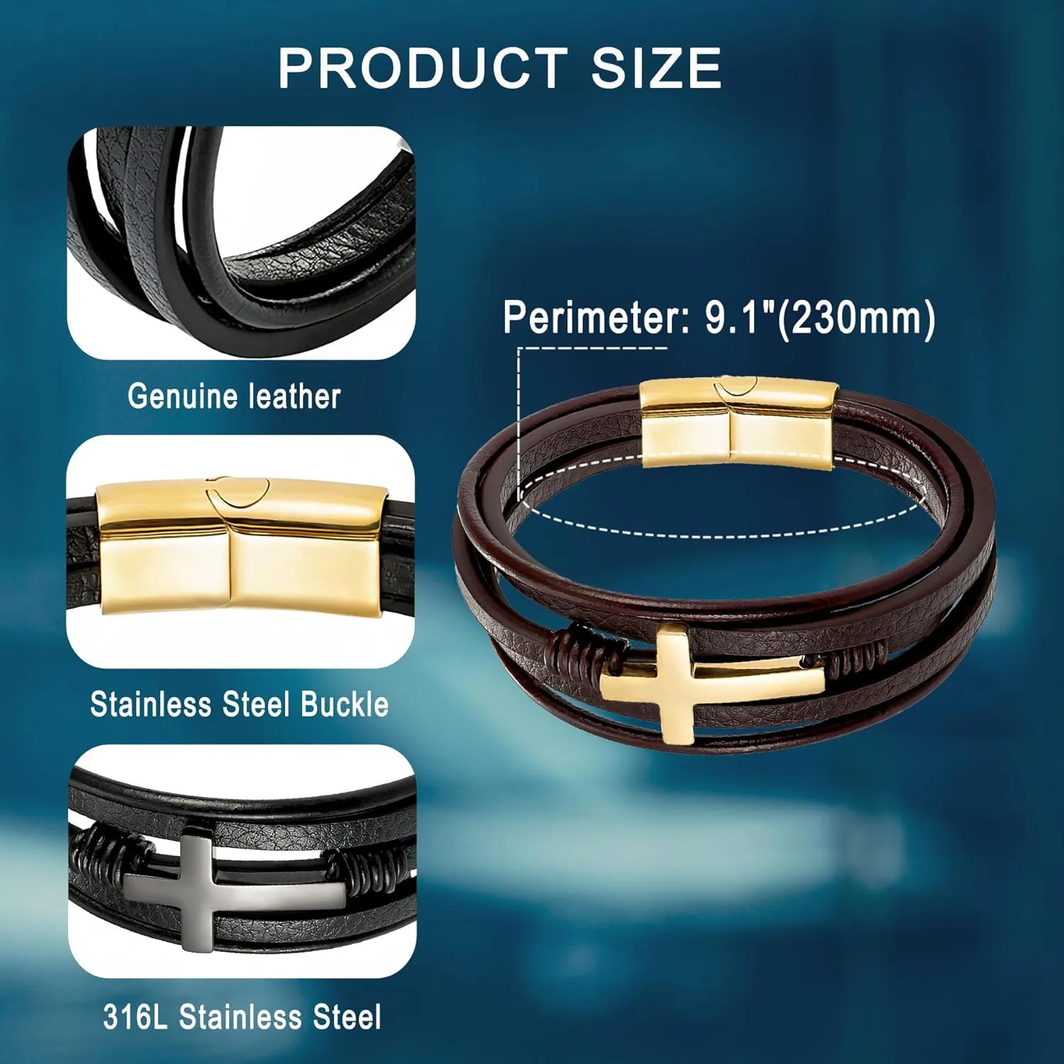 YL Mens Cross Leather Bracelet Stainless Steel Black/Brown Bracelet Multi-Layer Bangle Wrap Jewelry