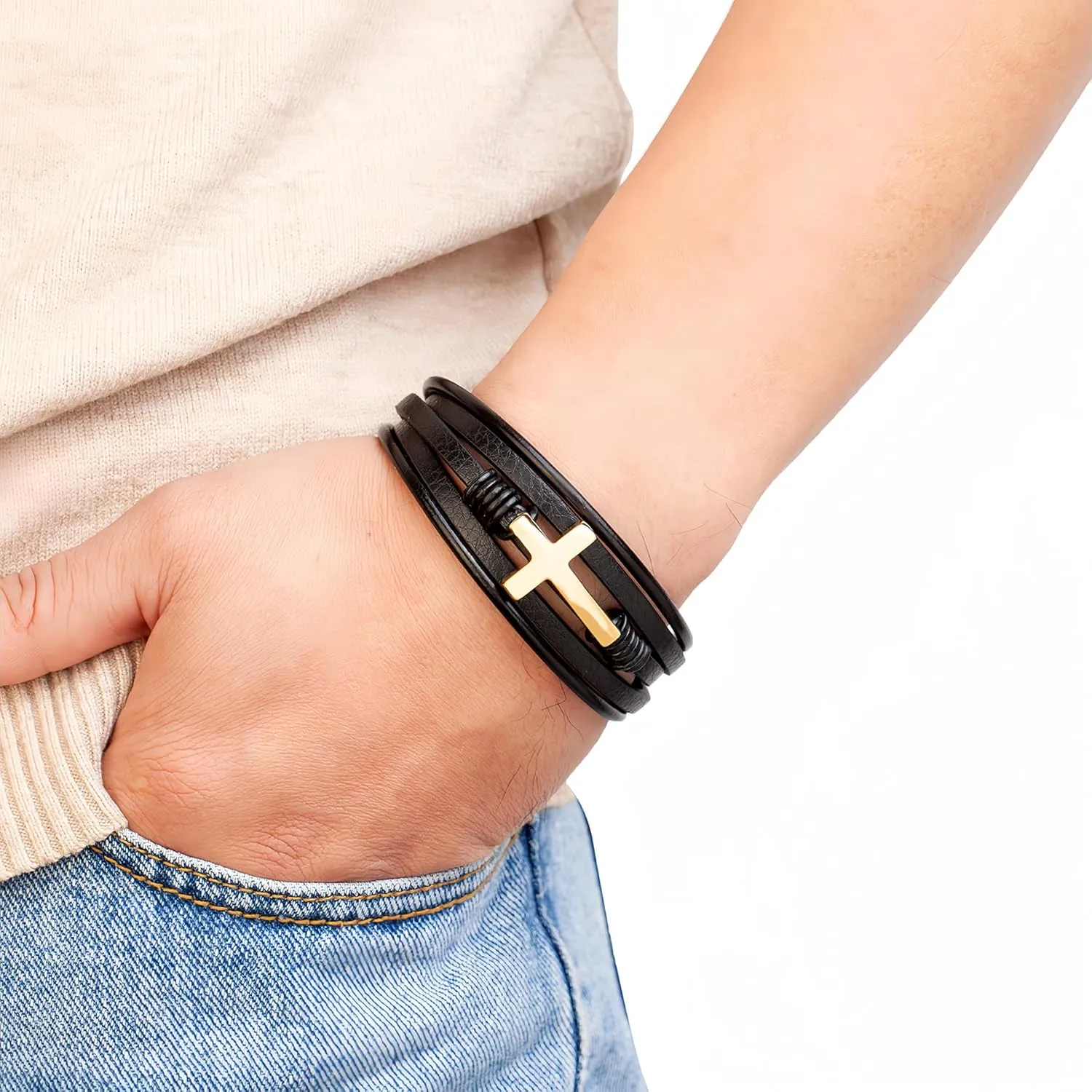 YL Mens Cross Leather Bracelet Stainless Steel Black/Brown Bracelet Multi-Layer Bangle Wrap Jewelry
